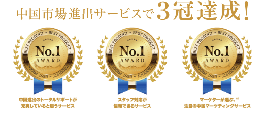 中国市場進出サービスで3冠達成! NO.1 ①マーケターが選ぶ※1、注目の中国マーケティングサービス ②スタッフ対応が信頼できるサービス ③中国進出のトータルサポートが充電していると思うサービス